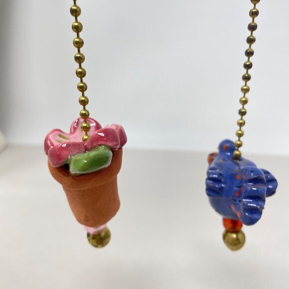 Clay Art Light Fan Pull Chain Set of 2 Fish Potted Plant Decor Artsy Painted - Picture 4 of 6